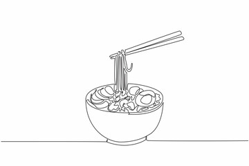 Single one line drawing chopsticks lifting some ramen noodles. Like advertising media. The appeal of food that triggers hunger. Yummy. National Ramen Day. Continuous line design graphic illustration