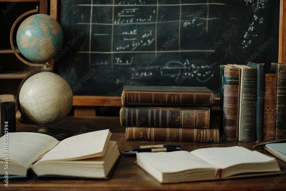 Poster variety of books and stationery arranged on a wooden desk with a globe and chalkboard in a study roo