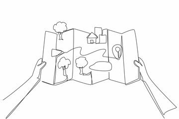 Single one line drawing two hands holding a map with pop-up images. See the route you will take. Channeling hobbies. Explore. National Read a Road Map Day. Continuous line design graphic illustration