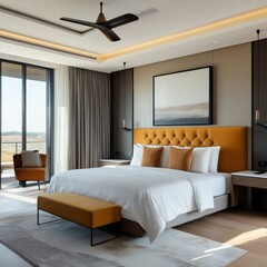 A bedroom with a large bed, a wooden headboard, and a fan