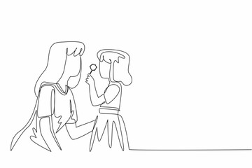 Single one line drawing mother and daughter blowing dandelion. Accompany playing in free time. Improves the immune system. Happy. National Dandelion Day. Continuous line design graphic illustration