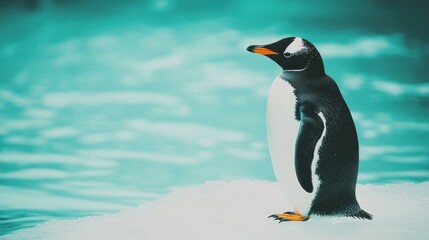 Obraz premium Gentoo penguin standing on ice, ocean background.