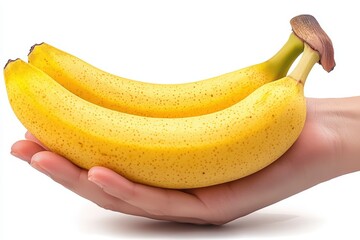 Hand holding two ripe bananas against a plain white background