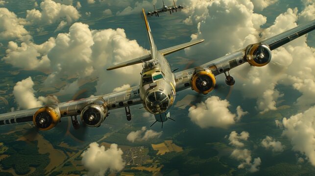 A B-17 Flying Fortress bomber plane in flight above a landscape of clouds and fields.