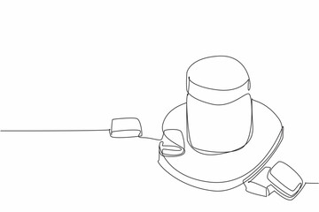 Single continuous line drawing caramel liquid in a closed jar and caramel pieces in squares. Melted caramel candies. A delicious savory taste. National Caramel Day. One line design vector illustration