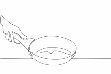 Single one line drawing hand holding a teflon pan. The best quality of a frying pan. Quick cooking. Very easy to clean. Non-stick. National Teflon Day. Continuous line design graphic illustration