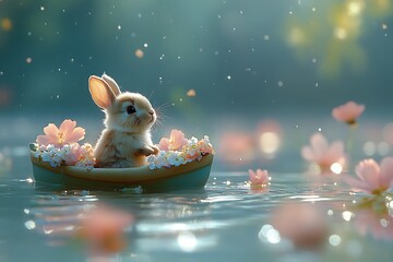 A cute little bunny enjoys a peaceful boat ride surrounded by flowers.