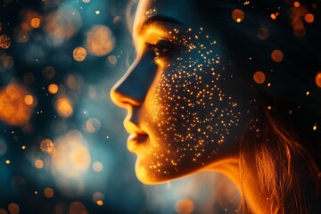 A profile of a woman illuminated by glowing particles, creating a dreamy atmosphere.