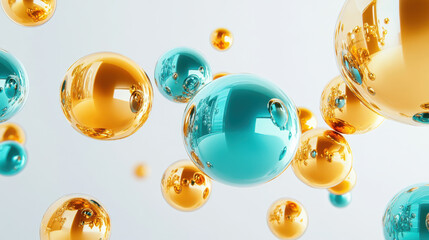 A high-quality graphic design of floating translucent spheres with intricate details, vibrant hues of gold and aqua, perfectly spaced on a clear white background, hyperrealistic refractions and glossy