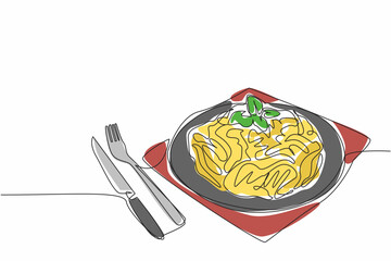 Single continuous line drawing fettuccine carbonara on a black round plate. Served in a classic way. Use a fork and knife to eat it. Savory. National Carbonara Day. One line design vector illustration