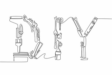 Single one line drawing various carpentry tools assembled to form DIY. An intention and skill. Repairing the damage in house. Building. National DIY Day. Continuous line design graphic illustration
