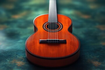 Nylon string guitar resting on a textured surface creating a captivating visual display