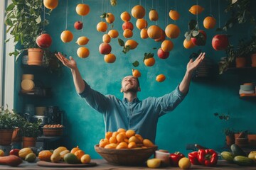 A man joyfully juggling various fruits in a vibrant kitchen setting.