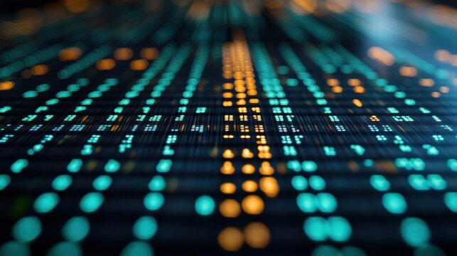 Abstract digital data stream, glowing teal and amber code lines.