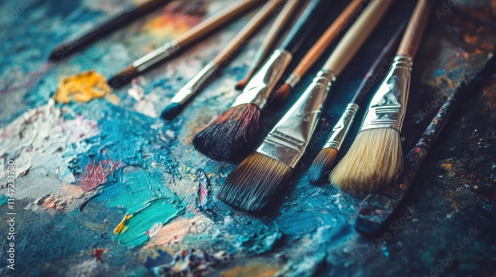 Aufkleber artist brushes and colorful paints arranged on a textured canvas with ample copy space for creative 
