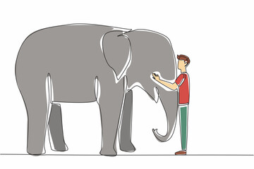Single continuous line drawing adult man wearing casual trousers standing hugging elephant trunk. Give a form of affection. Animal lover. National Zoo Lovers Day. One line design vector illustration