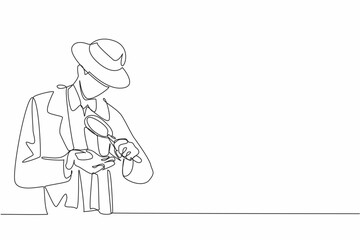 Single one line drawing a man looks at a rock in one of his hands using a magnifier. Looking for important info. The expert in his field. Geologists Day. Continuous line design graphic illustration