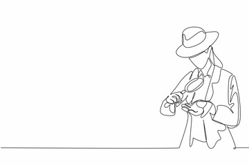 Obraz premium Single continuous line drawing a young woman looks at a rock in one of her hands using a magnifier. Hire experts for maximum results. Satisfying. Geologists Day. One line design vector illustration