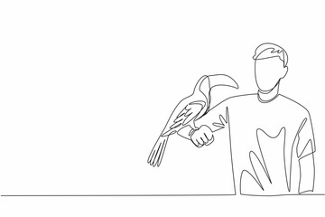 Continuous one line drawing adult man with toucan on his hand. Birds with large and colorful beaks. Animal tropical forest. Avian. National Zoo Lovers Day. Single line draw design vector illustration