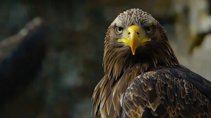 Obraz premium Close-up portrait of a majestic eagle with intense gaze, sharp talons, and yellow beak.