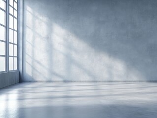 A minimalistic, well-lit interior space with concrete walls and large windows casting shadows.