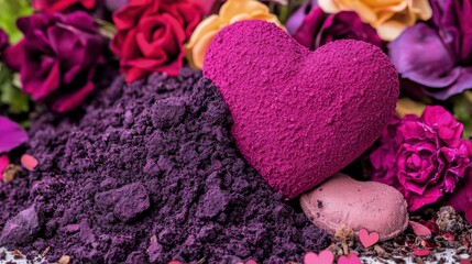 Obraz premium Magenta heart shaped bath bomb nestled in purple powder with colorful roses in the background.