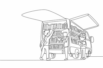 Single continuous line drawing bookmobile event that makes children enthusiastic. Stay focused on reading while standing. Reaching all. National Bookmobile Day. One line design vector illustration