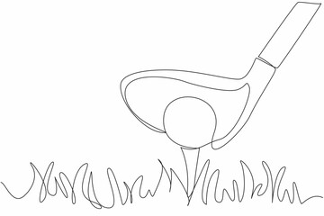 Single one line drawing golf ball on the grass and behind it is a golf club. Taking a running start to make it easier to hit. Preparation before hitting. Continuous line design graphic illustration