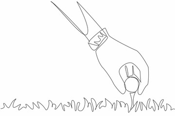 Continuous one line drawing gloved hand puts golf ball on tee. The next step is to hit the ball in the hope of getting a hole in one. Focus on the goal. Single line draw design vector illustration