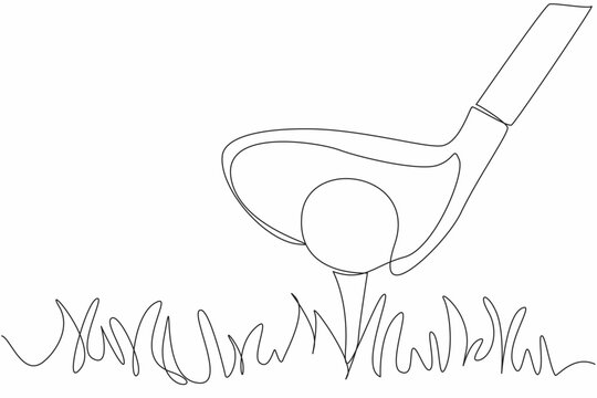 Single one line drawing golf ball on the grass and behind it is a golf club. Taking a running start to make it easier to hit. Preparation before hitting. Continuous line design graphic illustration