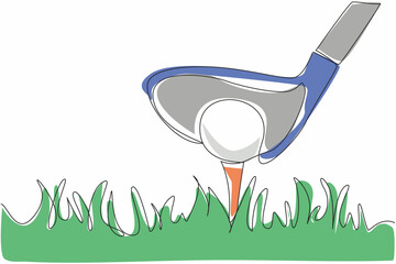 Single one line drawing golf ball on the grass and behind it is a golf club. Taking a running start to make it easier to hit. Preparation before hitting. Continuous line design graphic illustration