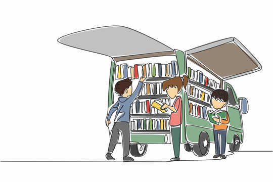 Single continuous line drawing bookmobile event that makes children enthusiastic. Stay focused on reading while standing. Reaching all. National Bookmobile Day. One line design vector illustration