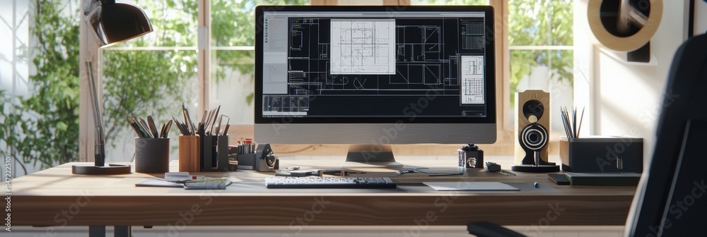 Aufkleber modern engineering desk setup with a large monitor, creative workspace, and ample natural light for 