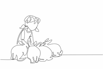 Single one line drawing little girl is squatting and surrounded by many rabbits. Full of joy and enthusiasm to care. Small farm. National Farm Animals Day. Continuous line design graphic illustration
