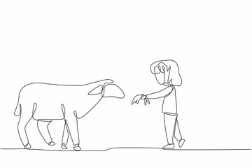 Continuous one line drawing girl feeding grass to sheep. Dedicated from an early age. Happy and patient to feed. Little farmer. National Farm Animals Day. Single line draw design vector illustration