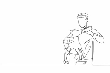 Single continuous line drawing male farmer hold goat kid and feeding it milk from a bottle. Sick. Cannot breastfeed directly. Preventive. National Farm Animals Day. One line design vector illustration