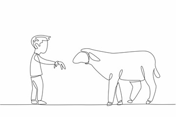 Single continuous line drawing boy is feeding grass to sheep. Grass and hair growth stimulant mixture. Faster harvest. The little farmer. National Farm Animals Day. One line design vector illustration