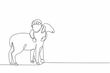 Continuous one line drawing the little boy hugging sheep. Loving the first pet. Cultivating the spirit of animal husbandry. National Farm Animals Day. Single line draw design vector illustration