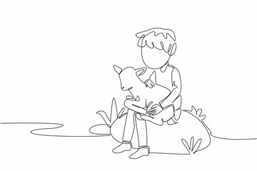 Single one line drawing boy sitting on a large rock holding a baby goat. Taking the pet for an evening walk. Building bonds. National Farm Animals Day. Continuous line design graphic illustration