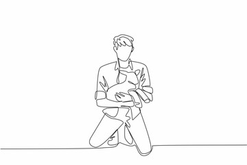 Continuous one line drawing male farmer kneeling while holding a lamb. Weighing the estimated weight. Get the best nutrition. National Farm Animals Day. Single line draw design vector illustration