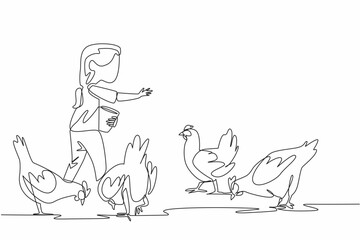 Single one line drawing a girl carrying small bucket and sprinkling food on chickens. First experience of feeding. Best feeling. National Farm Animals Day. Continuous line design graphic illustration