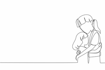 Continuous one line drawing two sisters hugging each other. Longing hug. Body language that speaks. Love each other. Sisterhood. National Siblings Day. Single line draw design vector illustration