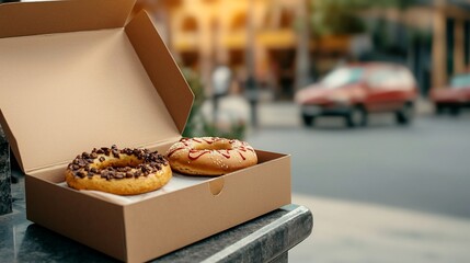 Blank Cardboard Food Delivery Box Mockup Placed on Residential Doorstep with Copy Space  Mockup of Shipping Package or Carton Container for Ecommerce Retail or Grocery Delivery Service