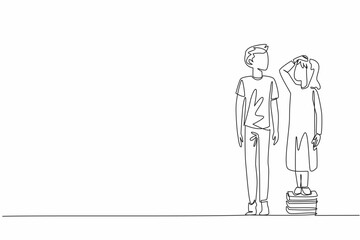 Continuous one line drawing older brother stands on tiptoe while younger sister stands on a pile of books. Want to be on same level. National Siblings Day. Single line draw design vector illustration