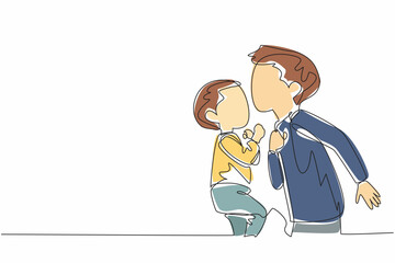 Single continuous line drawing boy kisses his forehead of baby brother. Loves with all the heart. Admirable and adorable behavior. Asleep. National Siblings Day. One line design vector illustration