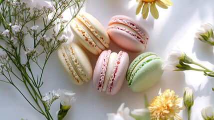 A close up of four different colored macarons with a white background