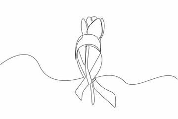 Continuous one line drawing stemmed red tulips were placed in the middle of gray campaign ribbons. Symbol of concern and sensitivity towards sufferers. Single line draw design vector illustration