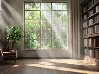 Fototapeta premium A serene room with large windows, sunlight streaming in, and a cozy armchair.
