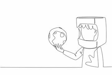 Single one line drawing boy wearing cardboard helmet holding miniature moon. Aspire as high as the moon. Become a spaceman. Cosmonaut. Cosmonautics Day. Continuous line design graphic illustration