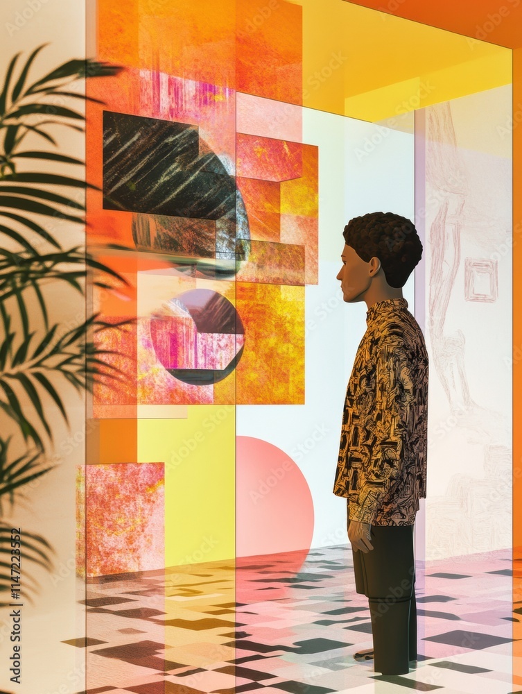 Aufkleber a visitor engages with immersive virtual artworks in a colorful digital gallery, surrounded by moder
